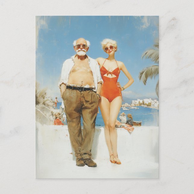 Vintage Strandpar Sommarmotsetning Vykort (Framsida)