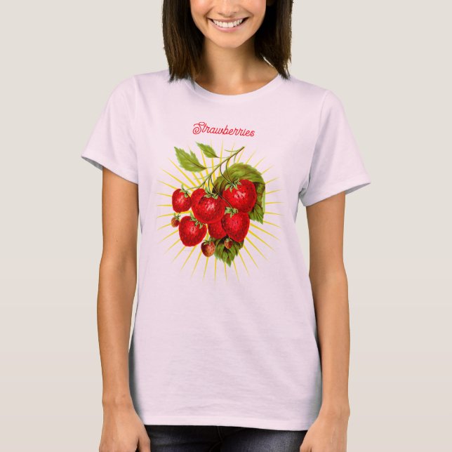 Vintage Strawberries Fruit Botanical Art T Shirt (Framsida)