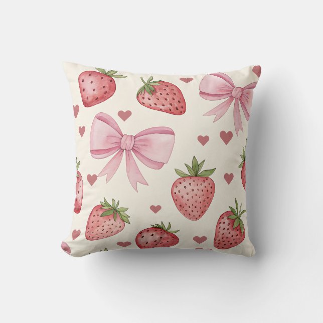 Vintage Strawberry and Pink Bows Coquette Pillow Kudde (Framsida)