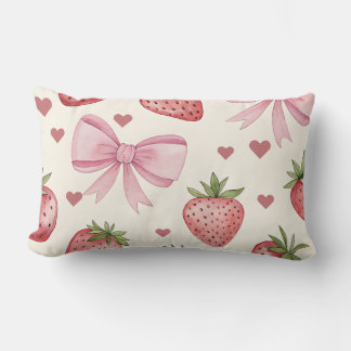 Vintage Strawberry and Pink Bows Coquette Pillow Lumbarkudde
