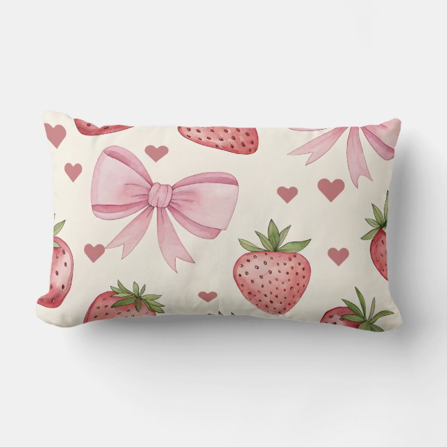 Vintage Strawberry and Pink Bows Coquette Pillow Lumbarkudde (Framsida)