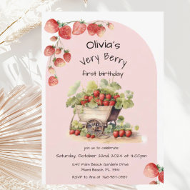 Vintage Strawberry Berry First 1st Birthday Party Inbjudningar