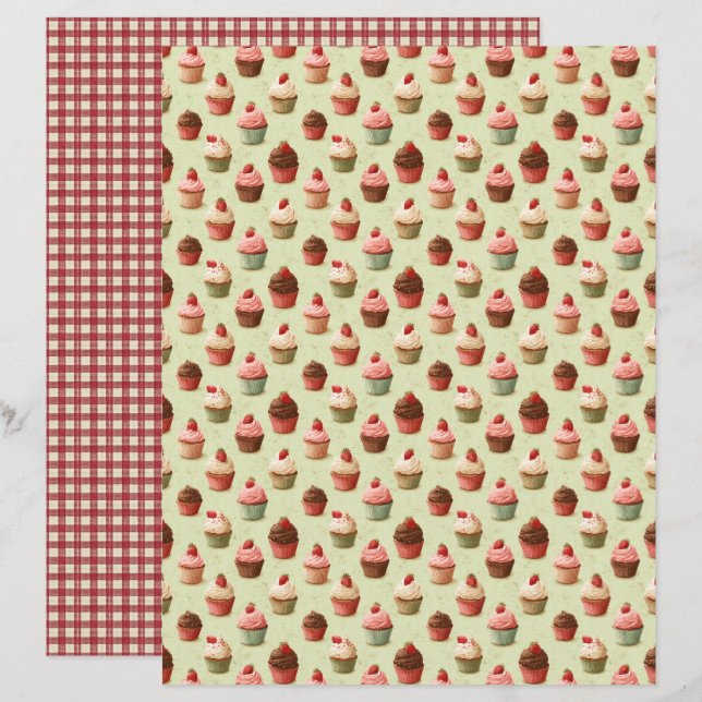 Vintage Strawberry Cupcake Scrapbook Paper (Fram/baksida)