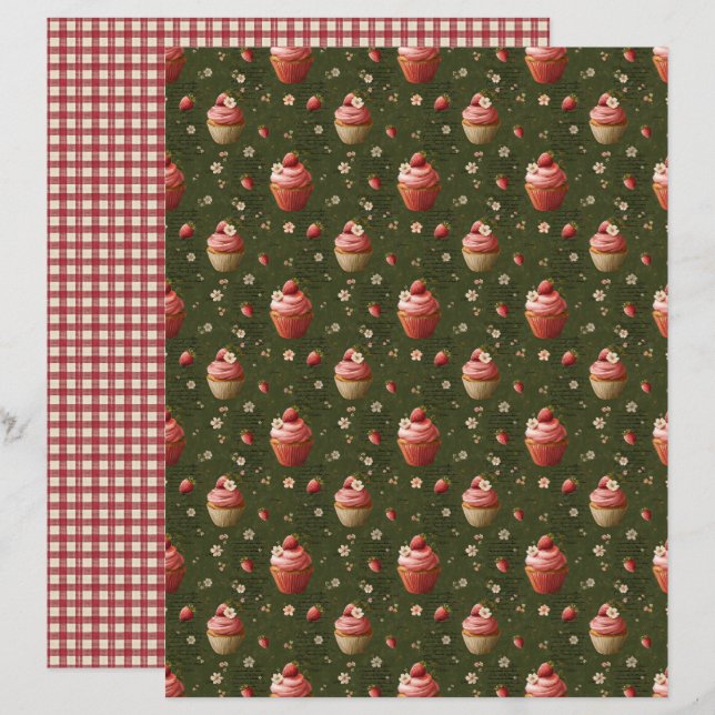 Vintage Strawberry Cupcakes Scrapbook Paper (Fram/baksida)