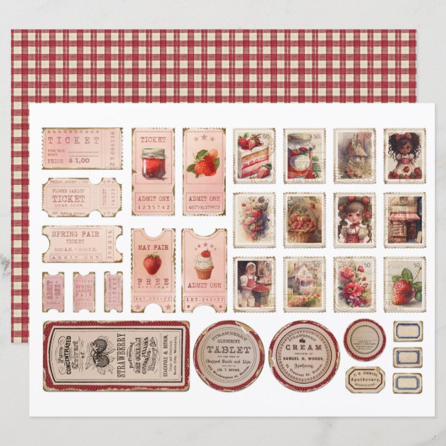 Vintage Strawberry Farm Scrapbook Paper (Fram/baksida)