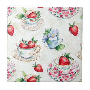 Vintage Strawberry Tekopp Blommönster Kakelplatta