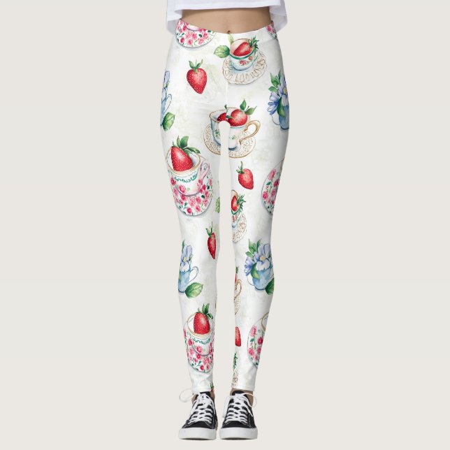 Vintage Strawberry Tekopp Blommönster Leggings (Framsida)