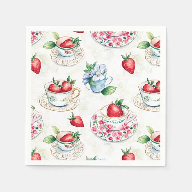 Vintage Strawberry Tekopp Blommönster Pappersservett (Framsidan)