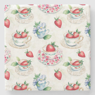 Vintage Strawberry Tekopp Blommönster Stenunderlägg