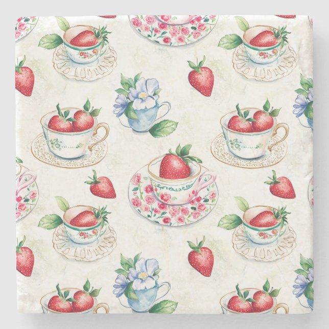 Vintage Strawberry Tekopp Blommönster Stenunderlägg (Framsidan)