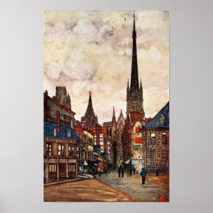 Vintage Street Scene Rouen Frankrike Medieval Poster