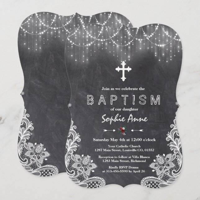 Vintage String Ljus Snöflingor Chalk Baptism Inbjudningar (Fram/baksida)