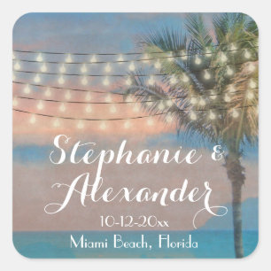 Vintage String Ljus Sunset Beach Wedding Fyrkantigt Klistermärke
