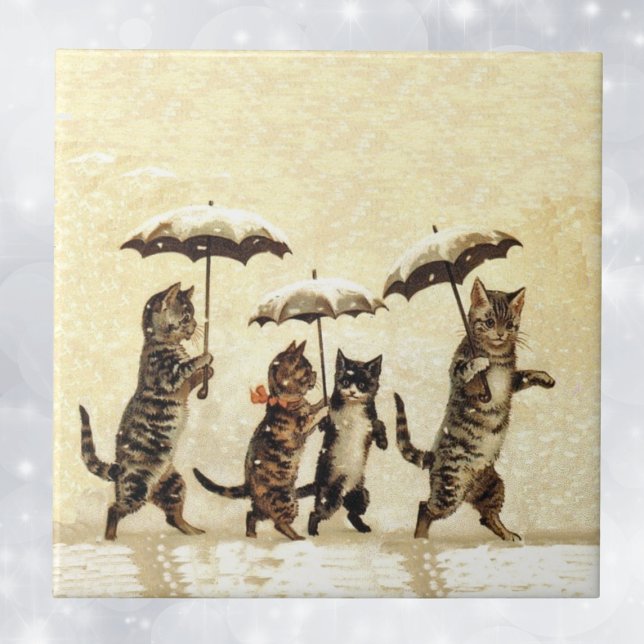 Vintage Stripe Cats Umbrellas Dancing Snö Kakelplatta (Four brown striped cats walking upright with umbrellas in snow on decorative tile.)