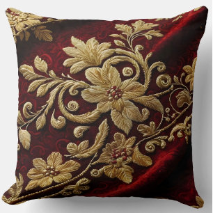 Vintage strukturerad broderi look Röd Guld Blommig Kudde
