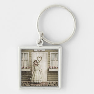 Vintage stugflicka Shabby Chic konst Fyrkantig Silverfärgad Nyckelring