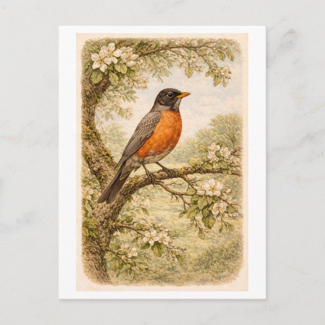 Vintage-Style American Robin lllustration Vykort (Framsida)