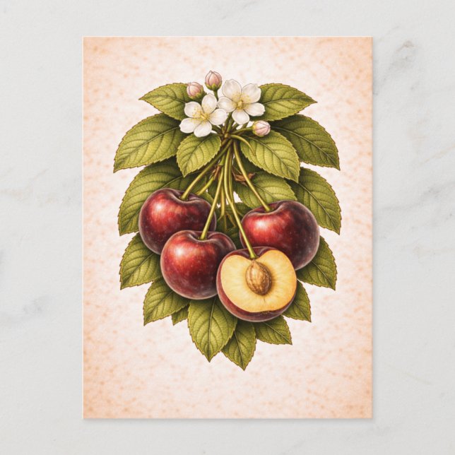 Vintage-Style Cherry Botanical Illustration Vykort (Framsida)