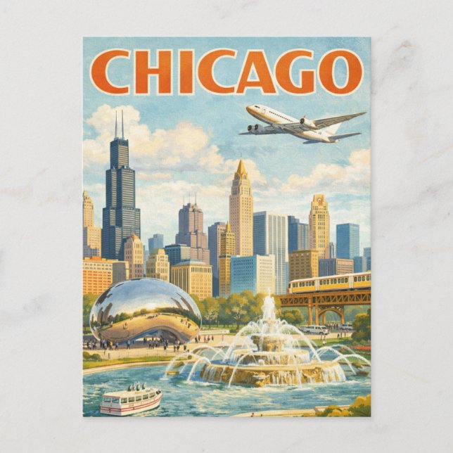 Vintage Style Chicago Travel Postcard Vykort (Framsida)