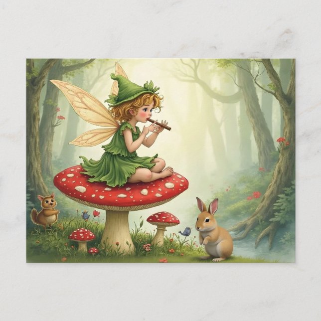 Vintage Style Fairy Tale Flautist Vykort (Framsida)