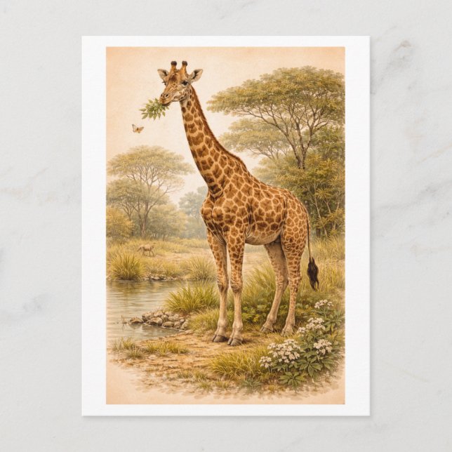 Vintage-Style Giraffe Illustration Vykort (Framsida)
