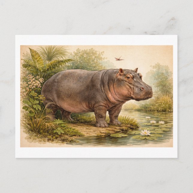 Vintage-Style Hippo Illustration Vykort (Framsida)