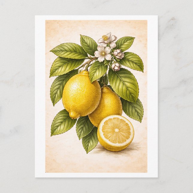 Vintage-Style Lemon Botanical Illustration Vykort (Framsida)