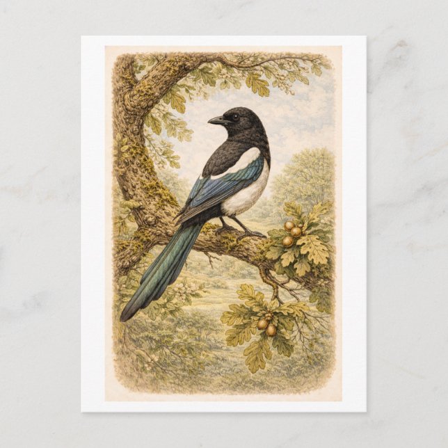 Vintage-Style Magpie lllustration Vykort (Framsida)