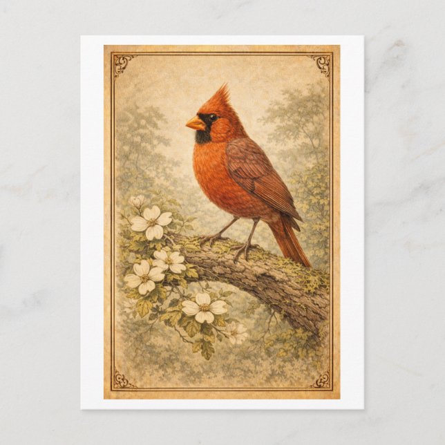 Vintage-Style Male Cardinal Illustration Vykort (Framsida)
