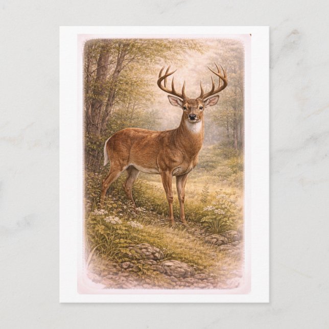 Vintage-Style Male Deer Illustration Vykort (Framsida)