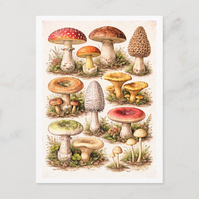 Vintage-Style Mushroom Illustration Vykort (Framsida)