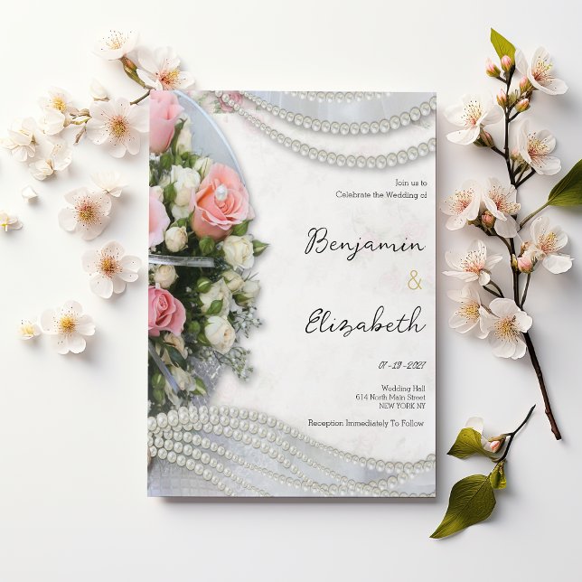 Vintage style pink white rose pearl Wedding Inbjudningar (Vintage style pink white rose pearl Wedding)