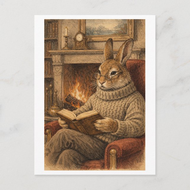 Vintage-Style Rabbit Reading a Book Vykort (Framsida)