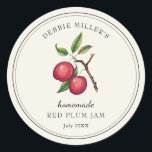 Vintage style Red Plum Jam  on Off White Runt Klistermärke<br><div class="desc">Elegant Personalized hand painted watercolor vintage style Red plum jam label on Off white background. Use for your homemade jam's or anything you choose. Makes great gift. Fill your information on label and enjoy.</div>