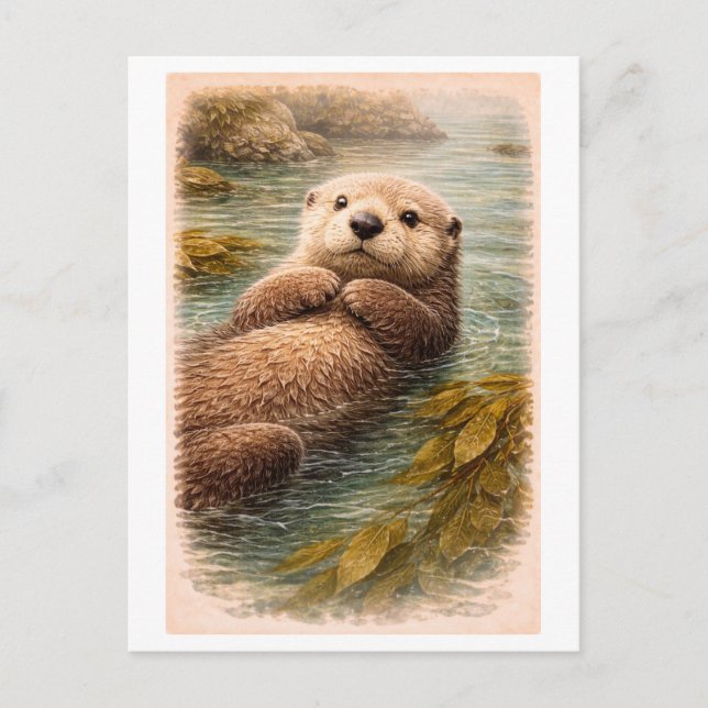 Vintage-Style Sea Otter Illustration Vykort (Framsida)