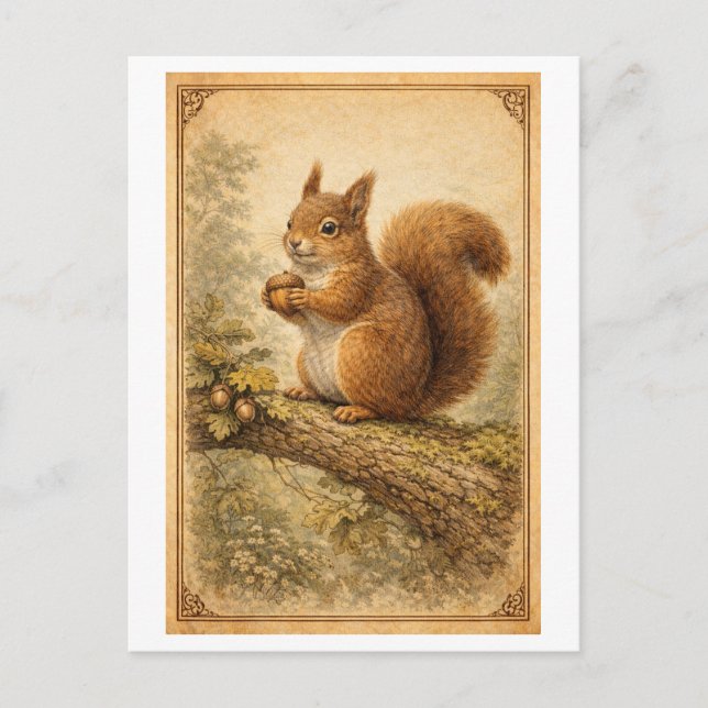 Vintage-Style Squirrel Illustration Vykort (Framsida)