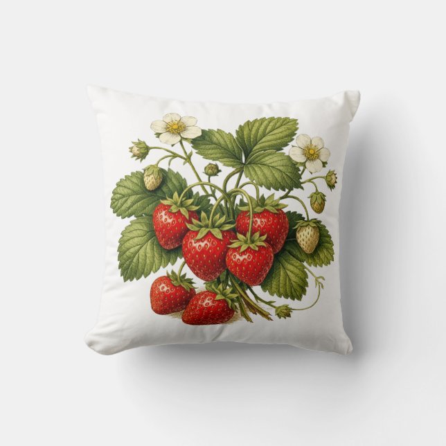 Vintage Style Strawberry Plant with Ripe Berries  Kudde (Framsida)