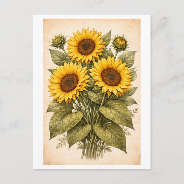 Vintage-Style Sunflower Botanical Illustration Vykort (Framsida)