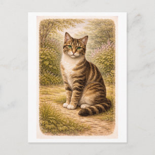 Vintage-Style Tabby Katt Illustration Vykort
