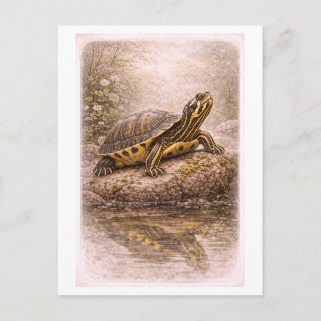 Vintage-Style Yellow-Bellied Slider Turtle  Vykort (Framsida)