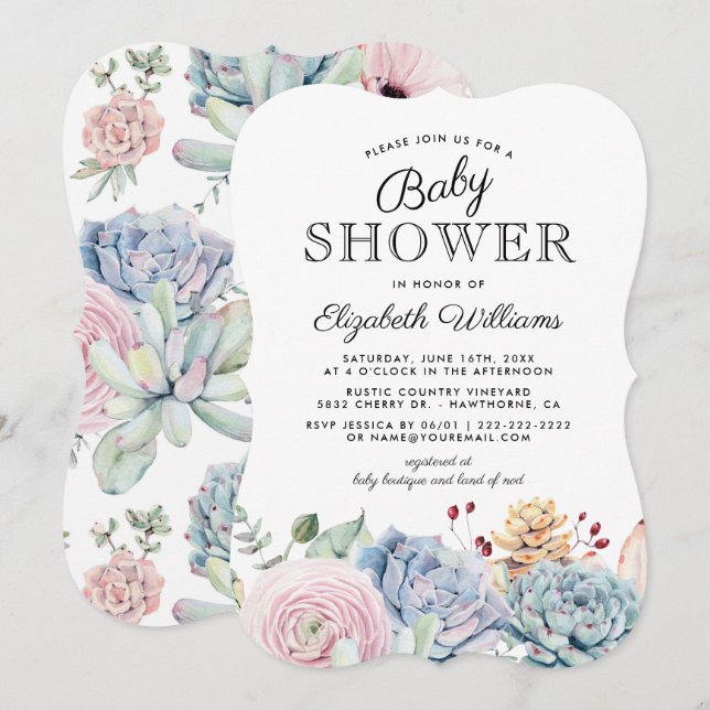 Vintage Succulent Blommigt Baby Shower Inbjudningar (Fram/baksida)