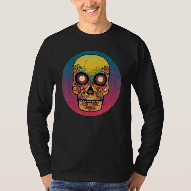 Vintage Sugar Skull Hand Illustration Calavera T Shirt (Framsida)