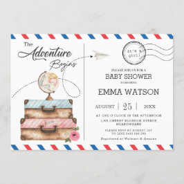 Vintage Suitcase Baby Shower Girl Äventyr Postal Inbjudningar