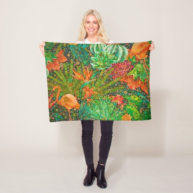 Vintage Summer Flamingo Tropical Garden Blommigt Fleecefilt (På plats)