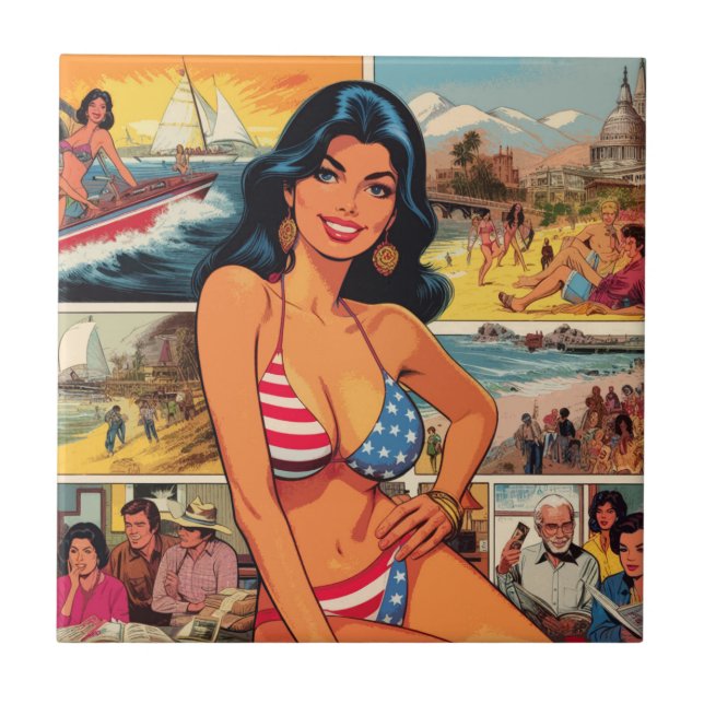 Vintage Summer Girl Tecknads Kakelplatta (Framsidan)