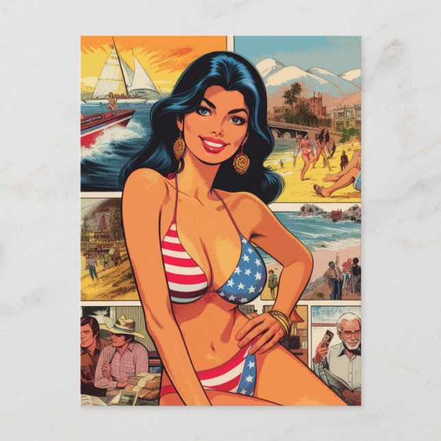 Vintage Summer Girl Tecknads Vykort (Framsida)