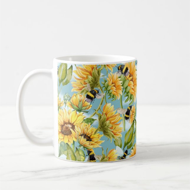 Vintage Sunflower And Bees Seamless Pattern Kaffemugg (Vänster)