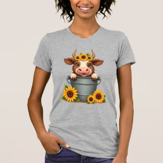 Vintage Sunflower Highland Cow in Bucket Floral Fa T Shirt