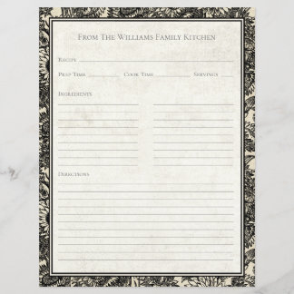Vintage Sunflower Toile Black Recipe Paper Sheet