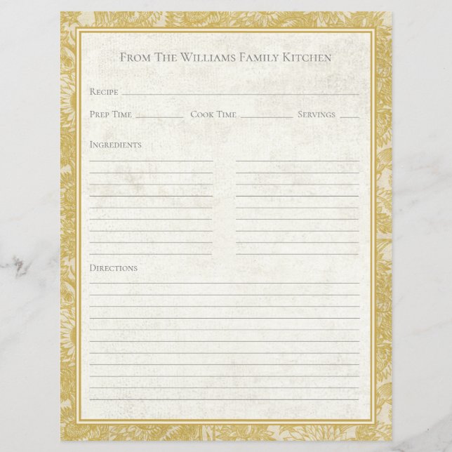 Vintage Sunflower Toile Gold Recipe Paper Sheet (Framsida)